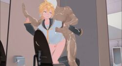 3d bathroom_sex bathroom_stall big_penis blonde_hair clothed_male_nude_male crossdressing_male eyes_half_open gay heart-shaped_pupils kagamine_len older_man_and_younger_boy penis skinny small_penis tears_of_pleasure twink vocaloid young