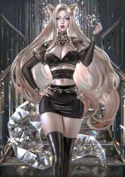 9_tails ahri belly belly_button blonde_hair fox_ears furry_ears k/da_ahri k/da_series latex league_of_legends long_hair long_sleeves miniskirt nine_tailed_fox serafleur skirt small_waist stockings tight_clothing vastaya