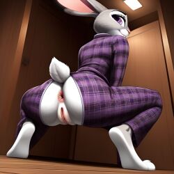 1girls 2020s 2023 ai_generated anthro anus ass ass_focus crouching disney female female_only frosting.ai judy_hopps looking_back pajamas pussy rabbit rabbit_humanoid scalieton self_upload vagina zootopia