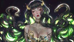 big_breasts black_hair blush bob_cut collar dark_hair glitter horns lipstick long_hair medusa necklace serafleur