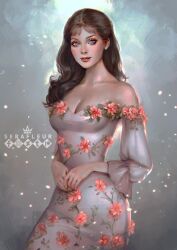 brown_hair dress earrings flowers long_dress long_hair long_sleeves serafleur