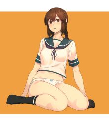 1girls bare_legs black_socks blush bow bow_panties braid breasts brown_eyes brown_hair collarbone female hair_between_eyes highres isonami_(kantai_collection) kantai_collection kneehighs legs long_hair looking_at_viewer medium_breasts navel no_pants panties parted_lips school_uniform serafuku short_sleeves sidelocks simple_background sitting skindentation socks solo thighs underwear wariza white_panties yuuji_(and)