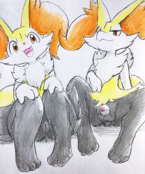 3_fingers anus braixen brown_eyes canine_penis colored duo eiroru female_pokemon feral feral_pokemon fluffy fluffy_chest fluffy_tail fox fur furry furry_only generation_6_pokemon humanoid_pussy inner_ear_fluff innie_pussy looking_at_viewer male/female male_pokemon open_mouth penis pokémon_(species) pokemon pokemon_(species) pokephilia pussy simple_background sitting small_penis smiling smiling_at_viewer spread_legs thick_thighs tongue white_background white_fur yellow_fur