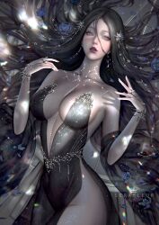 big_breasts big_hips black_hair blue_eyes hair_ornament revealing_clothes serafleur tight_clothing