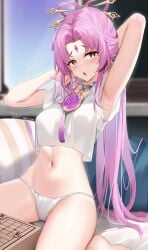 1girls arm_up armpits bare_arms breasts commentary crop_top forehead_jewel fu_xuan_(honkai:_star_rail) hair_ornament hair_rings hair_stick highres honkai:_star_rail honkai_(series) long_hair looking_at_viewer medium_breasts midriff navel no_pants open_mouth panties pink_hair shirt sitting skai_kun solo stomach tagme thighs underwear very_long_hair wariza white_panties white_shirt yellow_eyes