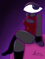 1_eye 1girls big_breasts black_fingerless_gloves black_socks blue_eyes dreamcore heart_in_eye leg_over_knee leg_over_leg leg_over_thigh no_panties oc purple_background purple_light purple_lighting purple_outline red_suit sitting solo_female tagme weirdcore