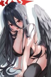 1girls black_bra black_hair black_panties black_thighhighs black_wings blue_archive blush bra breasts cleavage collarbone feathered_wings halo hasumi_(blue_archive) highres huge_breasts justice_task_force_(blue_archive) long_hair low_wings open_mouth panties red_eyes red_halo shuvi_(shuvi1125) solo thighhighs trinity_general_school_student underwear wings