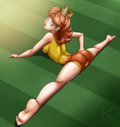 1girl 1girls ass ass_grab bare_arms bare_legs bare_shoulders barefoot blue_eyes brown_hair cameltoe clothing crown ear_piercing feet female female_only grass grass_field hand_on_butt kyder looking_back mario_(series) mario_tennis nintendo orange_shorts outdoors princess_daisy shorts sideboob soles solo source_request splits sports_uniform sportswear stretching tennis_court toes tomboy yellow_shirt yoga yoga_pose