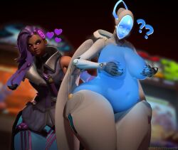 2girls 3d bbw big_breasts breasts covering_breasts echo_(overwatch) fat female huge_hips overwatch overwatch_2 overweight overweight_female robot robot_girl sirsaltshaker sombra thick_thighs thunder_thighs wide_hips