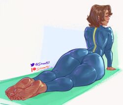 ass atomis barefoot brown_hair brown_skin dreammist1 fallout female_only laying laying_on_stomach petite_female showing showing_off_ass skin_tight_suit skinny_female skinny_girl soles solo_female tease thick_ass thick_thighs toe_scrunch toenail_polish toes