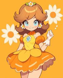 1girls blue_eyes breasts brown_hair earrings gloves hair_flower looking_at_viewer mario_(series) medium_breasts medium_hair nintendo one-piece_swimsuit orange_one-piece_swimsuit orange_swimsuit princess_daisy senadevyana swimsuit swimsuit_skirt water_wings wrist_ribbon