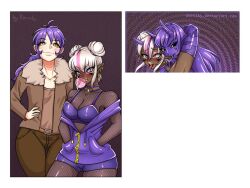 1boy 1girls blue_eyes bomber_jacket bra breasts brown_pants brown_shirt bubble_gum censored choker corruption cross_choker cross_earrings demon demon_horns earrings fishnet_bodysuit fishnets hairbun hands_in_pockets heart-shaped_pupils jacket large_breasts long_hair original pants pink_streak porniky purple_bra purple_eyes purple_hair purple_jacket sex shirt white_hair yellow_eyes zipper