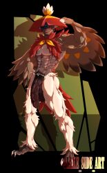 balls bara big_balls big_penis blush decidueye flaccid flexing gijinka humanized_pokemon lake_side_nsfw male male_only muscles muscular nintendo penis pokemon pokemon_legends:_arceus solo solo_male