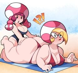 !?! 2girls ass barefoot beach beach_towel big_ass big_breasts big_butt big_thighs bikini black_eyes blonde_hair blush breasts bubble_ass bubble_butt butt chubby_female cleavage curvy duo embarrassed female female_only fungi_fauna fungi_humanoid glasses groping_ass hands_on_ass hands_on_butt hi_res humanoid jolene_(paper_mario) kneeling large_ass large_breasts large_butt large_thighs light-skinned_female light_skin lips lipstick lying lying_on_stomach magenta_hair mario_(series) multiple_girls mushroom_cap mushroom_hat mushroom_humanoid nintendo no_nose on_front on_knees on_stomach one-piece_swimsuit open_mouth paper_mario paper_mario:_the_thousand-year_door pigtails pink_lipstick red_bikini red_lipstick short_hair shortstack superspoe surprised swimsuit thick thick_ass thick_butt thick_hips thick_thighs thighs toadette wide_hips yuri