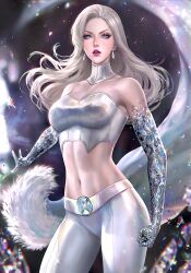 belly belly_button blonde_hair emma_frost grey_hair long_hair marvel marvel_comics serafleur tight_clothing topwear white_hair