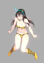 1girls :t alternate_costume animal_print ass_visible_through_thighs bare_arms bare_shoulders bikini black_hair blush breasts collarbone cosplay electricity embarrassed fake_horns female full_body glasses green_eyes grey_background groin hair_between_eyes hairband highres horns kantai_collection kneehighs long_hair lum lum_(cosplay) navel no_shoes nose_blush oni oni_horns ooyodo_(kantai_collection) pout print_bikini print_socks semi-rimless_eyewear setsubun simple_background skindentation small_breasts socks solo stomach strapless strapless_bikini swimsuit tiger_print under-rim_eyewear urusei_yatsura yuuji_(and)