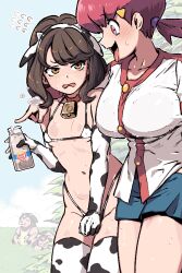 1boy 1girl 1girls ambiguous_gender cow_bikini cow_print cowbell embarrassed female femboy girly kingbawoon male milk_bottle miltank pokemon pokemon_gsc whitney_(pokemon)