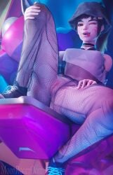 3d 3d_(artwork) blizzard_entertainment bucket_hat choker crop_top d.va earrings fishnets freckles hat mecha moonroomoom one_eye_closed overwatch shoes sneakers tongue_out