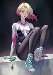 1girls blonde_hair blush eyebrow_piercing female female_only gwen_stacy gwen_stacy_(spider-verse) marvel marvel_comics serafleur short_hair solo spider-man:_across_the_spider-verse spider-man:_into_the_spider-verse spider-man_(series) tight_clothing