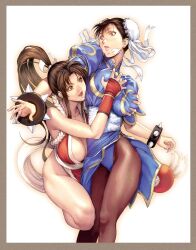 2girls asian asian_female big_breasts breast_grab breasts brown_hair capcom catfight chun-li clothing crossover double_bun dress embarrassed fatal_fury female female_focus grabbing grabbing_from_behind groping homare_(fool's_art) kimono king_of_fighters mai_shiranui pantyhose ponytail snk street_fighter tied_hair twin_buns voluptuous yuri