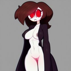 1female 1girls afraid ai_generated big_eyes brown_hair copyright_request female_only pale-skinned_female pale_skin red_eyes rol_verso solo tagme trench_coat trenchcoat trenchcoat_only vampire