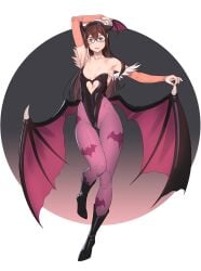 1girls alternate_costume animal_print arm_up armpits ass_visible_through_thighs bare_shoulders bat_print bat_wings black_leotard blush boots breasts brown_hair clothing clothing_cutout collarbone cosplay covered_navel darkstalkers demon_girl demon_wings elbow_gloves female flat_chest full_body glasses gloves green_eyes groin hairband head_wings heart_cutout highleg highleg_leotard highres kantai_collection leg_up legs leotard long_hair looking_at_viewer low_wings morrigan_aensland morrigan_aensland_(cosplay) ooyodo_(kantai_collection) outstretched_arm pantyhose parted_lips print_pantyhose purple_pantyhose purple_wings semi-rimless_eyewear sidelocks simple_background small_breasts solo standing standing_on_one_leg strapless strapless_leotard thighs under-rim_eyewear vampire_(game) wings yuuji_(and)