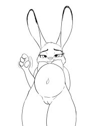 anthro breasts disney ears_up female genitals half-closed_eyes hi_res judy_hopps lagomorph leporid line_art looking_down mammal narrowed_eyes nude pregnant pussy rabbit simple_background smile solo spoof_(artist) viewed_from_below white_background zootopia