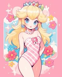 1girls blonde_hair blue_eyes breasts crown earrings long_hair looking_at_viewer mario_(series) medium_breasts necklace nintendo one-piece_swimsuit pearl_necklace pink_one-piece_swimsuit pink_swimsuit princess_peach senadevyana swimsuit