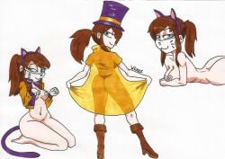 a_hat_in_time ass big_ass big_breasts blue_eyes boots breasts brown_boots brown_hair cape casual cat_ears face_mask facemask female hat hat_adult hat_kid headwear human jacket jacket_only large_ass large_breasts looking_at_viewer nipple_covers nude nude_female open_jacket outerwear pale-skinned_female pale_skin panties ponytail purple_hat smile smiling smiling_at_viewer tail topless topless_female underwear voluptuous voluptuous_female whitelimon wide_hips yellow_cape