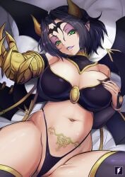 1girls 4_wings biting_lip black_hair breasts cleavage come_hither crest_of_lust crests_(digimon) demon demon_girl demon_wings digimon digimon_(species) eyeshadow female female_only green_eyes hand_on_breast horns inmon large_breasts lilithmon lipstick long_fingernails looking_at_viewer medium_hair navel on_back piercing pubic_tattoo purple_lipstick seductive seductive_look seven_great_demon_lords smile solo succubus succubus_tattoo tattoo teng_zhai_zi thighhighs thong wing_piercing wings womb_tattoo