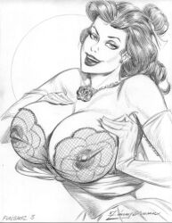 00s 2005 beauty_and_the_beast_(1991_film) belle_(beauty_and_the_beast) big_breasts bra breasts disney disney_princess dress dress_down erect_nipples female julius_zimmerman necklace nipples pushing_breasts_together seductive seductive_look see-through_bra squeezing squeezing_breast
