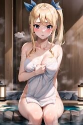 ai_generated blonde_hair blush brown_eyes fairy_tail hot_spring legs legs_in_water lucy_heartfilia open_mouth ponytail sitting sitting_on_rock towel towel_only