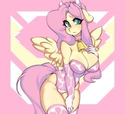 1girls bell bell_collar blue_eyes breasts collar cow_horns cow_print cow_print_gloves cow_print_leotard cow_print_thighhighs cowbell elbow_gloves fake_horns fluttershy_(mlp) gloves horse_girl large_breasts leotard long_hair my_little_pony pink_hair pink_leotard thighhighs tolsticot wings