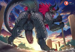 anthro ass balls big_penis bna_v5 bodily_fluids bushiroad card_game demon_lord_dragon_batzz dragon future_card_buddyfight gaming genitals hair hi_res horn huge_cock male muscular muscular_male nude penis presenting public public_nudity scalie solo solo_male spread_butt spread_legs spreading sweat vein veiny_penis