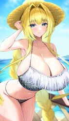 arm_support ashikaga_yoshiteru_(sengoku_otome) beach bikini blonde_hair blue_eyes gigantic_breasts leopard_print railing sengoku_otome slender_waist smile straw_hat thick_thighs wide_hips