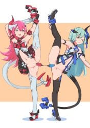 >_< 2girls absurdres anklet aqua_hair armpits bad_hands belt black_choker black_tail blue_eyes blue_hair blue_ribbon blush bottomless bracelet censored chains choker closed_eyes clothed_sex dildo female_focus female_only flower flying_sweatdrops full_body garter_straps high_heels highres honkai_(series) honkai_impact_3rd horns incest jack_(darkshero) jakk jewelry leg_hold light_blue_hair liliya_olenyeva long_hair multiple_girls navel necktie no_panties object_insertion oerba_yun_fang open_mouth pink_hair pussy pussy_juice red_flower red_ribbon red_rose ribbon rose rozaliya_olenyeva sex_toy siblings simple_background sisters skin_fang spiked_dildo tail thighhighs twincest twins vaginal_object_insertion vaginal_penetration white_tail yuri