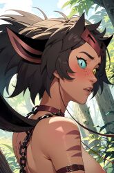 ai_generated apprehensive arm_strap blush bondage cat_ears catgirl catra chains collar crown edited freckles freckles_on_face heterochromia implied_nudity look_behind looking_at_viewer looking_back mask pixai ponytail refined_ai ribbon scared scared_expression she-ra_and_the_princesses_of_power slave slavegirl striped_body stripes tufted_ears