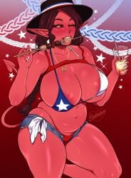 1girls absurd_res bent_leg big_breasts bikini black_sclera blush braid brown_hair charlotte_(succuboos) chilean chilean_flag chilean_flag_bikini chilena clothes_lift drink eating female female_only fiestas_patrias_(chile) food holding_glass holidays long_hair looking_at_viewer milf minishorts mirando mirando_espectador mirandote necklace original original_character pointy_ears quiereempanadas quierepene quieresexo red_eyes red_skin smiling smiling_at_viewer solo succuboos succubus succubus_tail tail tetas tetas_grandes thick_thighs wink winking_at_viewer