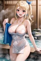 ai_generated blonde_hair blush brown_eyes fairy_tail hot_spring legs legs_in_water lucy_heartfilia open_mouth ponytail smile standing towel_only wet_towel