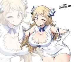 1girls ;) ;q aged_up bare_shoulders blonde_hair breasts cleavage cleavage_cutout clothing_cutout commentary cosplay cowboy_shot dress dungeon_ni_deai_wo_motomeru_no_wa_machigatteiru_darou_ka female female_only fire_emblem fire_emblem_fates gloves grey_eyes hair_ribbon hand_on_own_hip hestia_(danmachi) hestia_(danmachi)_(cosplay) jarckius large_breasts leaning_forward looking_at_viewer nintendo one_eye_closed ophelia_(fire_emblem) pencil_dress ribbon simple_background sleeveless sleeveless_dress smile spice_(artist) standing tongue tongue_out white_background white_dress white_gloves white_ribbon zoom_layer