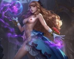 1girls breasts brown_eyes curly_hair dress female gloves guinevere_(mobile_legends) light-skinned_female light_hair light_skin long_hair looking_at_viewer magic medium_breasts mobile_legends nipples nude_filter solo tagme topless