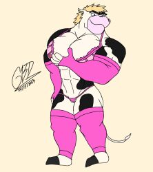 abs background biceps big_ass big_pecs bikini blonde_hair bovine bra cuntboy cuntboy/male furry giovannibardawulf giovannidrawing intersex joe_(giovannibardawulf) leg_sleeves muscles original_character pec_grab pecs pectorals pink_bikini pink_bra pink_panties pink_sleeves pink_thong sleeves spots tail thong vagina