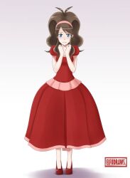 blue_eyes breasts brown_hair dress elfudraws hairband high_heels hilda_(pokemon) large_breasts long_dress looking_at_viewer nintendo pokemon pokemon_bw ponytail red_dress