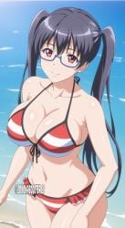 1girls ai_generated beach big_breasts bikini black_hair busty cleavage eroge!_h_mo_game_mo_kaihatsu_zanmai hand_on_hip kosaka_iori large_breasts legs long_hair looking_at_viewer navel ocean red_eyes smile thighs twintails voluptuous water