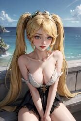 ai_generated blonde_hair blush cyan_eyes kiwora layla_(mobile_legends) medium_breasts twintails