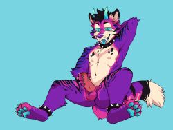 4:3 anthro bodily_fluids collar flunky foreskin fur genital_fluids genitals hands_behind_head hi_res horn humanoid_genitalia male muscular navel nipples penis purple_body purple_fur solo spiked_collar spikes spread_legs spreading stripes xavier_tiger