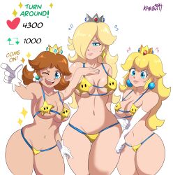 3girls bikini blonde_hair blue_eyes breasts female hair_over_one_eye height_difference karbuitt large_breasts light-skinned_female light_skin long_hair luma_bikini mario_(series) nintendo orange_hair princess_daisy princess_peach princess_rosalina simple_background star_bits strip_game super_mario_bros. super_mario_galaxy thick_thighs thigh_gap thighs white_background wide_hips