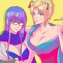 1:1 2girls 3mm blonde_hair bra cleavage facial_scar female female_only gintama glasses hair_ornament japanese_clothes kimono kiseru long_hair looking_at_viewer no_bra pipe purple_hair sarutobi_ayame scarf screentone smile smoking smoking_pipe tagme tied_hair tsukuyo upper_body yellow_background