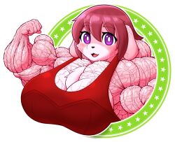 abs anthro anthro_only biceps big_breasts big_muscles breasts canine dog dog_ears domestic_dog female fully_clothed huge_breasts huge_muscles large_breasts large_muscles muscles muscular muscular_anthro muscular_female pecs pink_hair purple_eyes un_pun veins veiny veiny_arms veiny_muscles