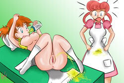 anus blue_eyes changing_table clothing diaper diaper_change female female_only human human_only kasumi_(pokemon) medium_breasts multiple_girls nipples nude nurse nurse_joy peeing pokemon pokemon_(anime) pussy red_hair uncensored urine